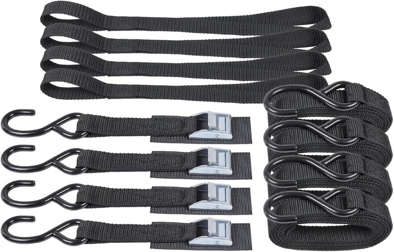 EXVITAL Tie Down Straps with Hook Cam Buckle Straps 1" x 8’ 1200lbs Break Strenght with Extra Soft Loops for Motorcycle, Kayak, ATVs, Dirt Bike, Truck, Car Black 4 Pack - Image 1